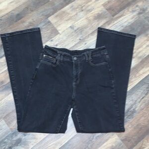 Y2K Slight Flare Faux Leather Trimmed Dark Wash Denim Jeans Woman’s Size 8